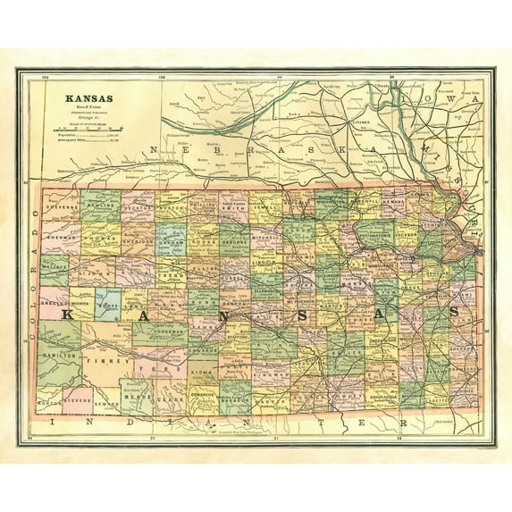 Historic State Map - Kansas - Cram 1886 - Vintage Wall Art