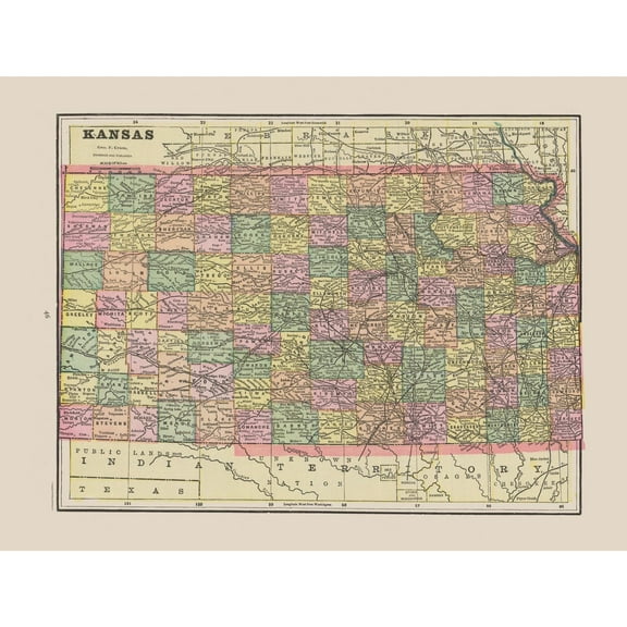 Historic State Map - Kansas - Cram 1892 - 30.41 x 23 - Vintage Wall Art