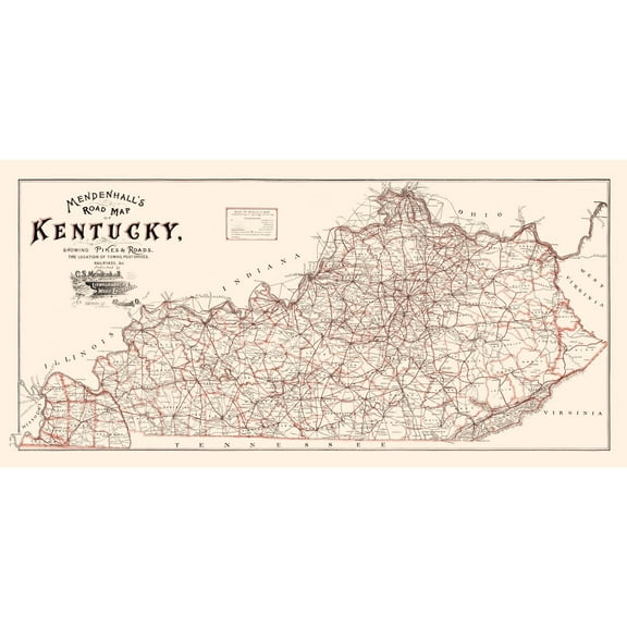 Historic State Map - Kentucky Road Map - Mendenhall 1900 - 46.91 x 23 - Vintage Wall Art