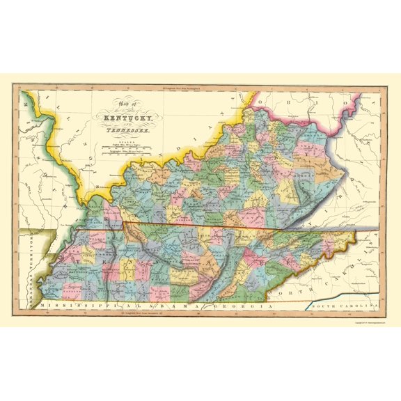 Historic State Map - Kentucky Tennessee Counties - Hinton 1831 - Vintage Wall Art