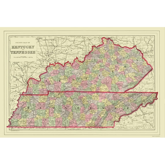 Historic State Map - Kentucky Tennessee Counties - Mitchell 1879 - Vintage Wall Art