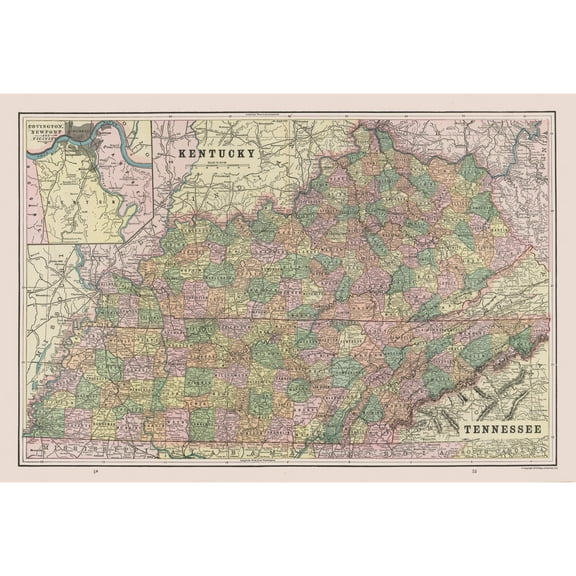 Historic State Map - Kentucky Tennessee - Cram 1892 - 34.07 x 23 - Vintage Wall Art