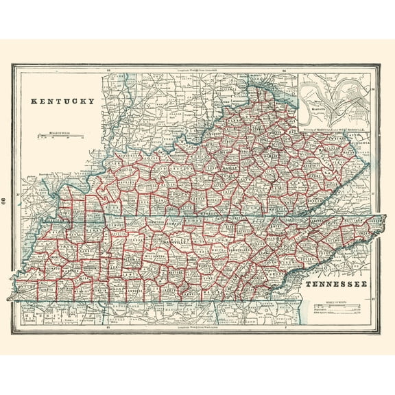 Historic State Map - Kentucky Tennessee - Rathbun 1893 - Vintage Wall Art