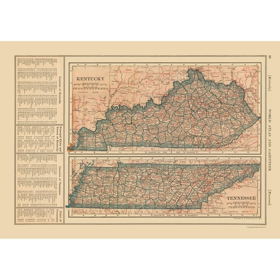 Historic State Map - Kentucky Tennessee - Reynold 1921 - 32.59 x 23 - Vintage Wall Art