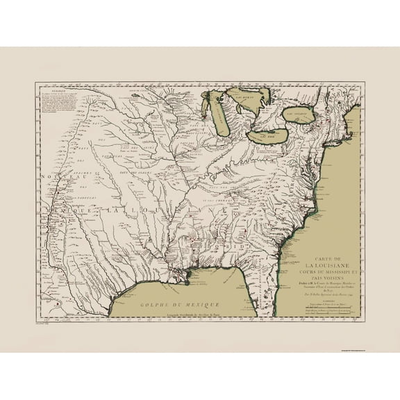 Historic State Map - Louisiana Neighboring Countries - Bellin 1744 - 30 x 23 - Vintage Wall Art
