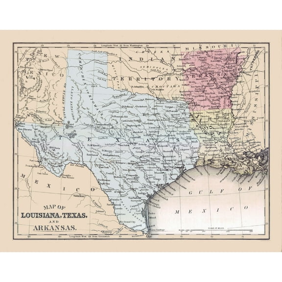Historic State Map - Louisiana Texas Arkansas - Mitchell 1877 - 29.17 x 23 - Vintage Wall Art