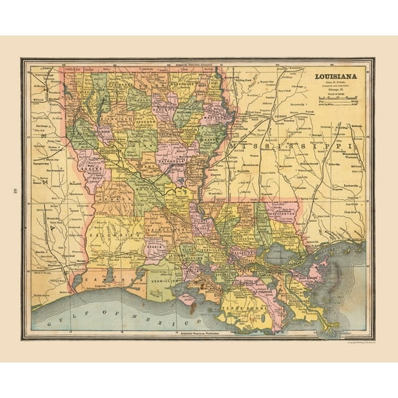 Historic State Map - Louisiana United States - Cram 1888 - 27.98 x 23 - Vintage Wall Art