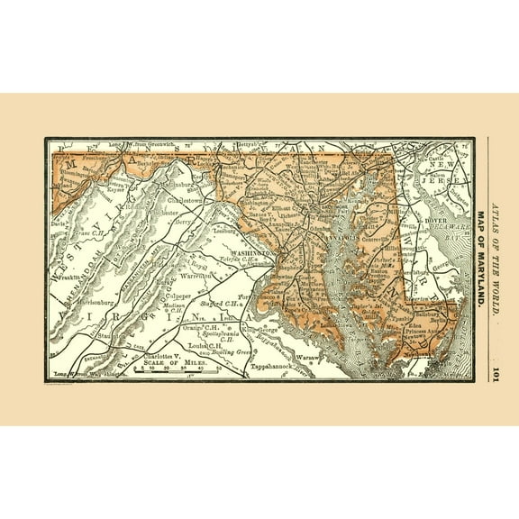Historic State Map - Maryland - Alden 1886 - 35.81 x 23 - Vintage Wall Art