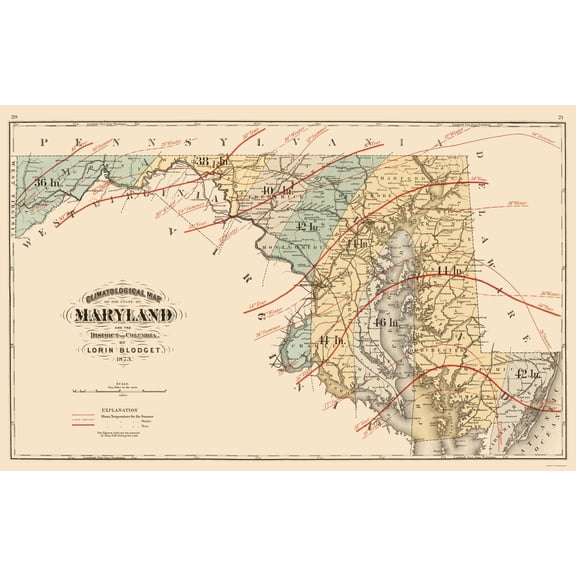 Historic State Map - Maryland - Blodget 1873 - 23 x 36.16 - Vintage Wall Art