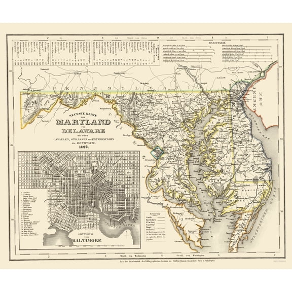 Historic State Map - Maryland Delaware - Canaelen 1846 - Vintage Wall Art