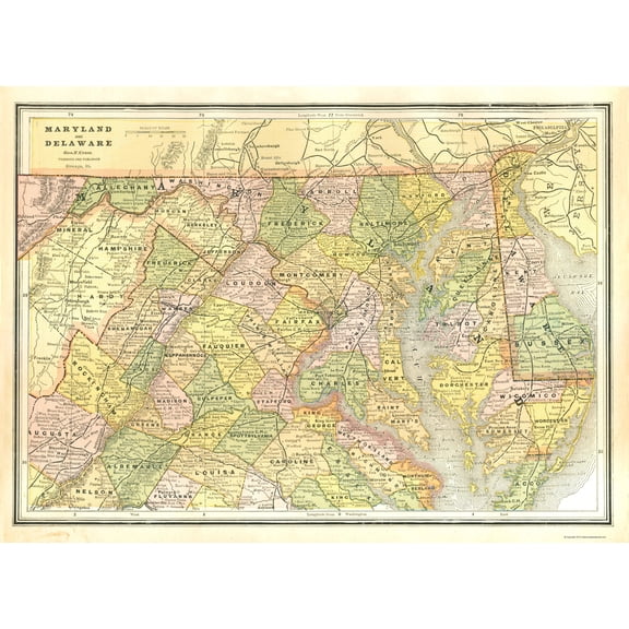 Historic State Map - Maryland Delaware - Cram 1886 - Vintage Wall Art