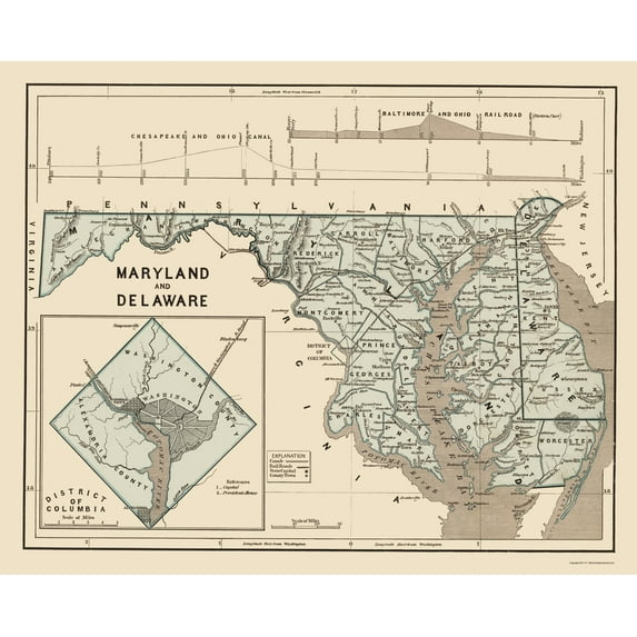 Historic State Map - Maryland Delaware - Harper 1845 - Vintage Wall Art
