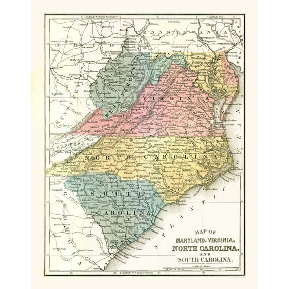 Historic State Map - Maryland Virginia North Carolina - Mitchell 1869 - 23 x 29.18 - Vintage Wall Art