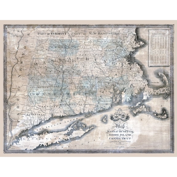 Historic State Map - Massachusetts Rhode Island Connecticut - Bingham 1840 - Vintage Wall Art