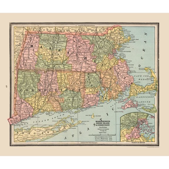 Historic State Map - Massachusetts Rhode Island - Cram 1888 - 27.14 x 23 - Vintage Wall Art