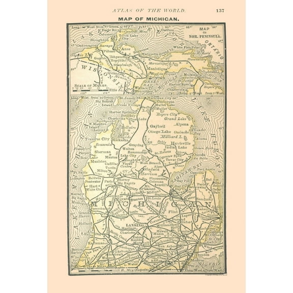 Historic State Map - Michican - Alden 1886 - 23 x 33.97 - Vintage Wall Art