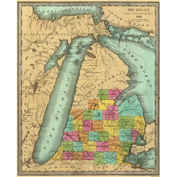 Historic State Map - Michigan - Burr 1835 - 23 x 28.38 - Vintage Wall Art
