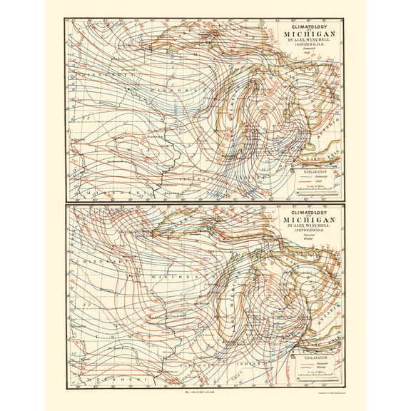 Historic State Map - Michigan Climatology Summer Winter - Tackabury 1873 - 23 x 29 - Vintage Wall Art