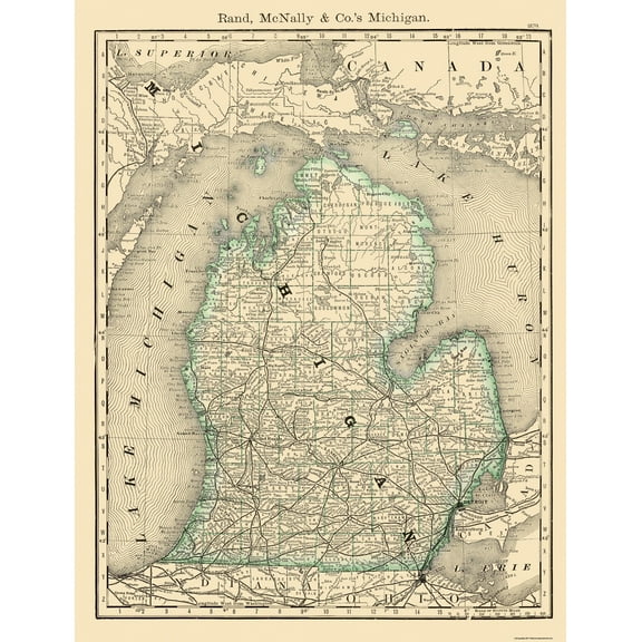 Historic State Map - Michigan - Rand McNally 1879 - 23 x 30 - Vintage Wall Art
