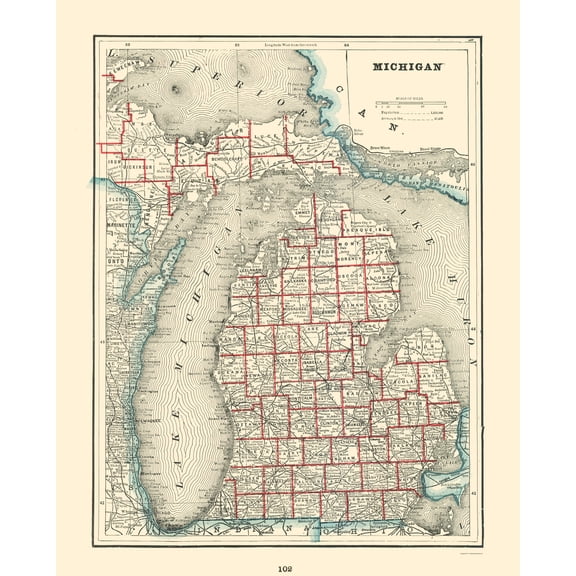 Historic State Map - Michigan - Rathbun 1893 - Vintage Wall Art
