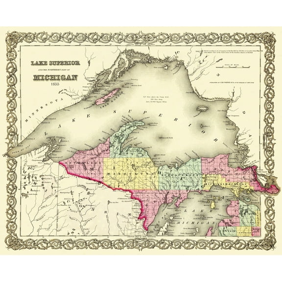 Historic State Map - Michigan Upper Peninsula - Colton 1855 - 28.31 x 23 - Vintage Wall Art
