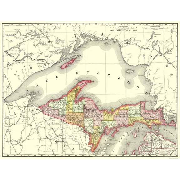 Historic State Map - Michigan Upper Peninsula - Rand McNally 1897 - 30 x 23 - Vintage Wall Art