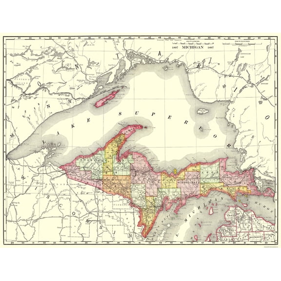 Historic State Map - Michigan Upper Peninsula - Rand McNally 1897 - Vintage Wall Art