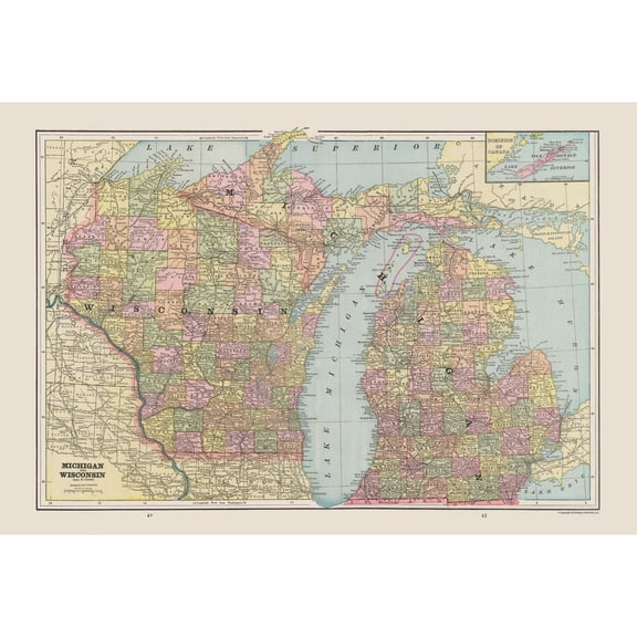 Historic State Map - Michigan Wisconsin - Cram 1892 - Vintage Wall Art