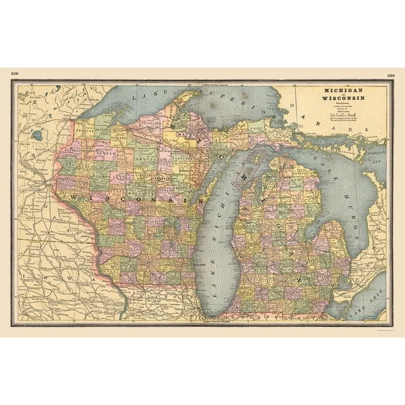 Historic State Map - Michigan Wisconsin - Johnson 1888 - Vintage Wall Art