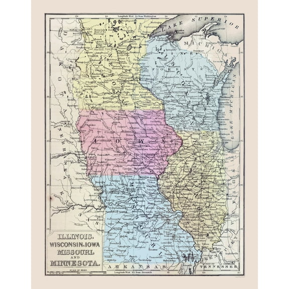 Historic State Map - Midwestern United States - Mitchell 1877 - 23 x 29.26 - Vintage Wall Art