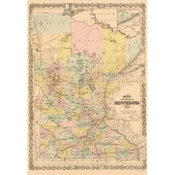 Historic State Map - Minnesota - Andreas 1874 - 23 x 33.49 - Vintage Wall Art