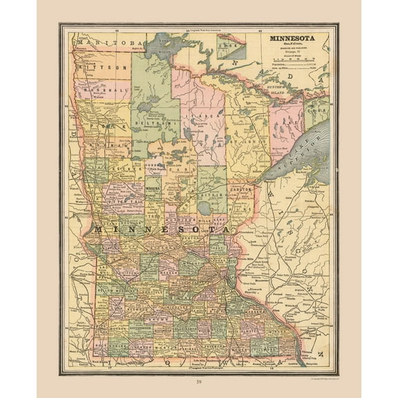 Historic State Map - Minnesota - Cram 1888 - 23 x 28.19 - Vintage Wall Art
