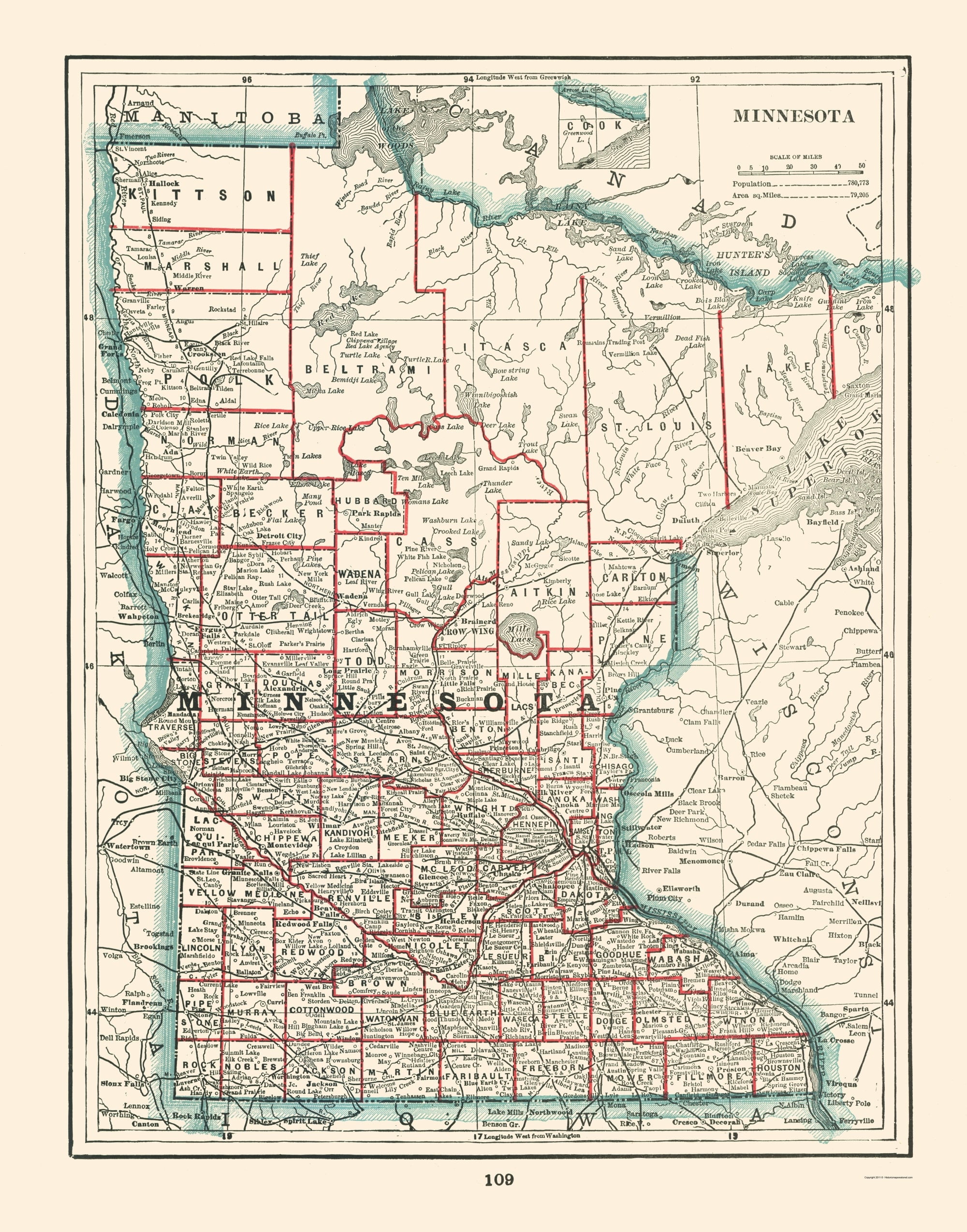 Historic State Map - Minnesota - Rathbun 1893 - Vintage Wall Art ...