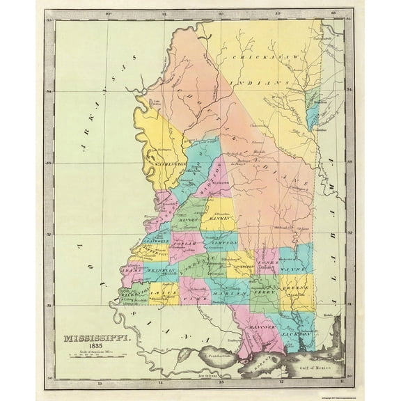 Historic State Map - Mississippi - Burr 1835 - Vintage Wall Art