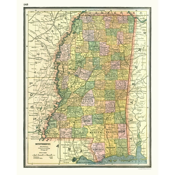 Historic State Map - Mississippi - Johnson 1888 - 23 x 28.43 - Vintage Wall Art