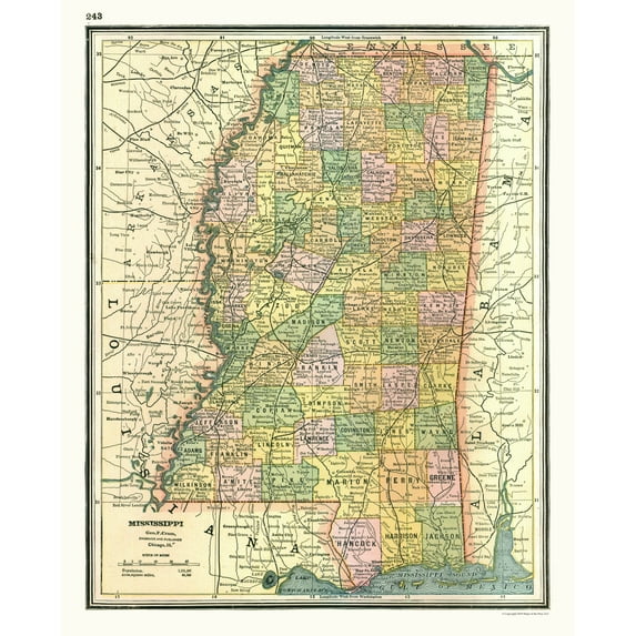 Historic State Map - Mississippi - Johnson 1888 - Vintage Wall Art