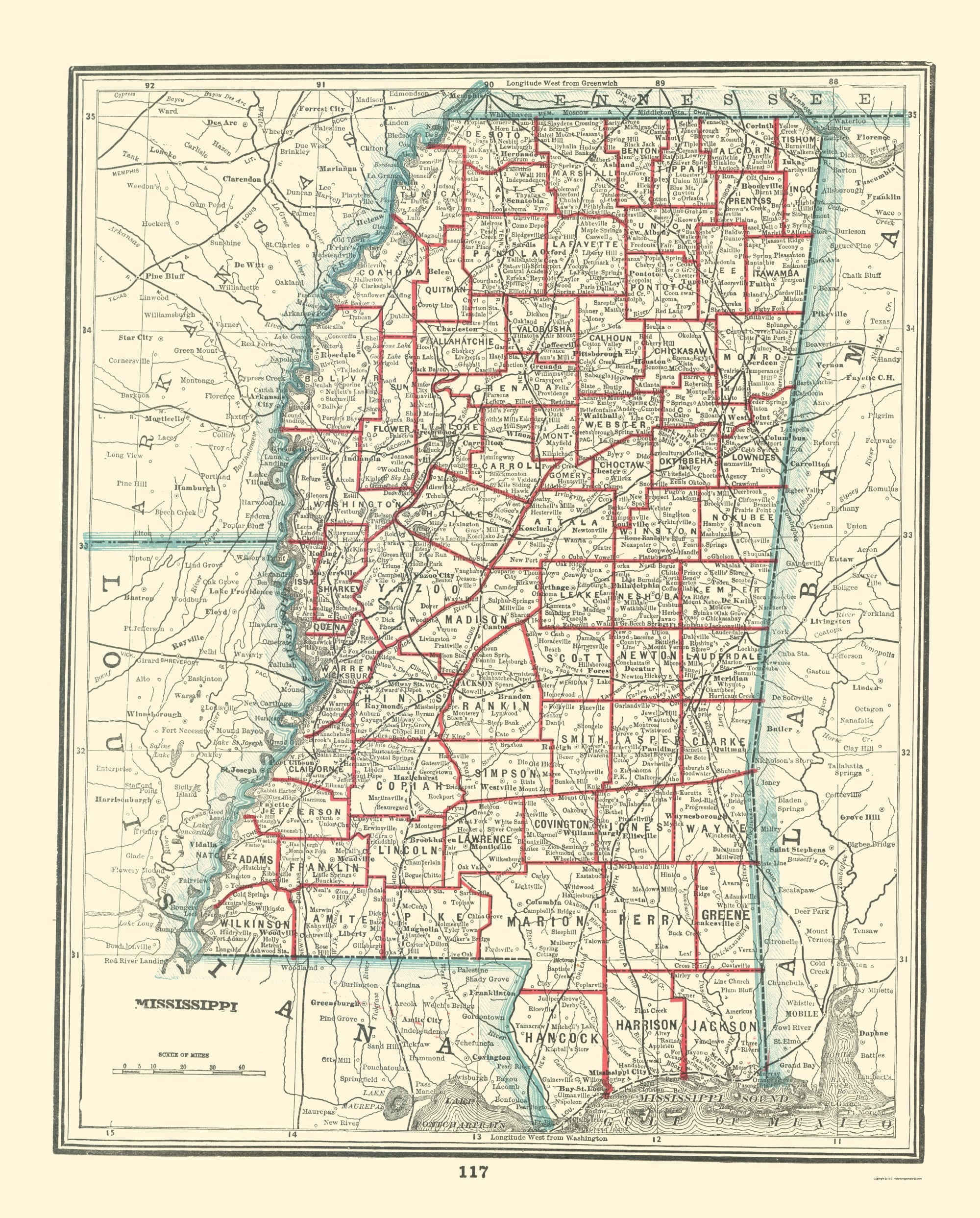 Historic State Map - Mississippi - Rathbun 1893 - Vintage Wall Art ...
