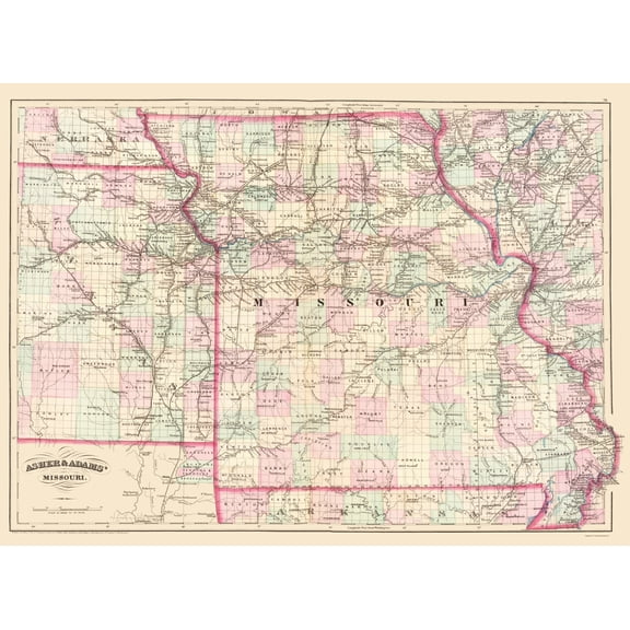 Historic State Map - Missouri - Asher 1874 - Vintage Wall Art