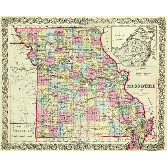 Historic State Map - Missouri - Colton 1855 - 28.44 x 23 - Vintage Wall Art