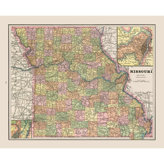 Historic State Map - Missouri - Cram 1892 - 28.47 x 23 - Vintage Wall Art