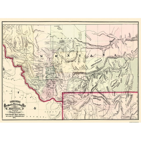 Historic State Map - Montana Territory - Cram 1875 - 31 x 23 - Vintage Wall Art