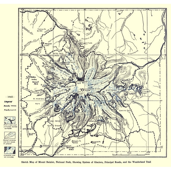 Historic State Map - Mount Rainier National Park - Putnam 1925 - 24 x 23 - Vintage Wall Art
