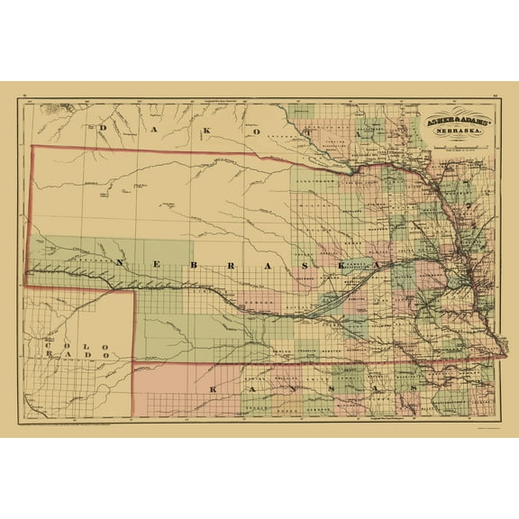 Historic State Map - Nebraska - Asher  1874 - 23 x 33.37 - Vintage Wall Art
