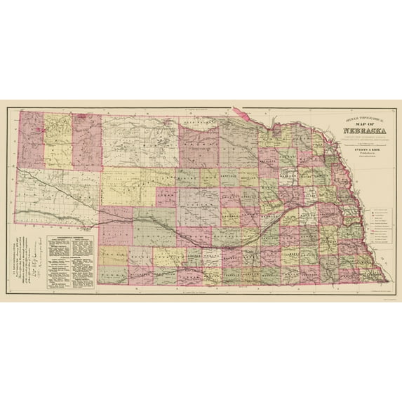 Historic State Map - Nebraska - Everts 1885 - Vintage Wall Art