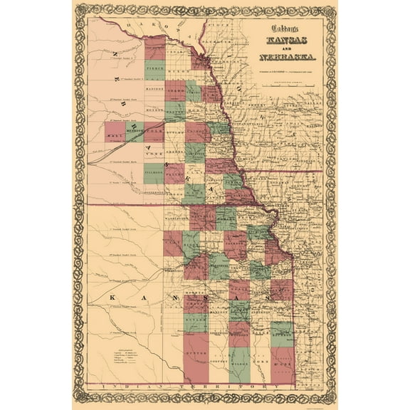 Historic State Map - Nebraska Kansas - Colton 1875 - 23 x 35.34 - Vintage Wall Art