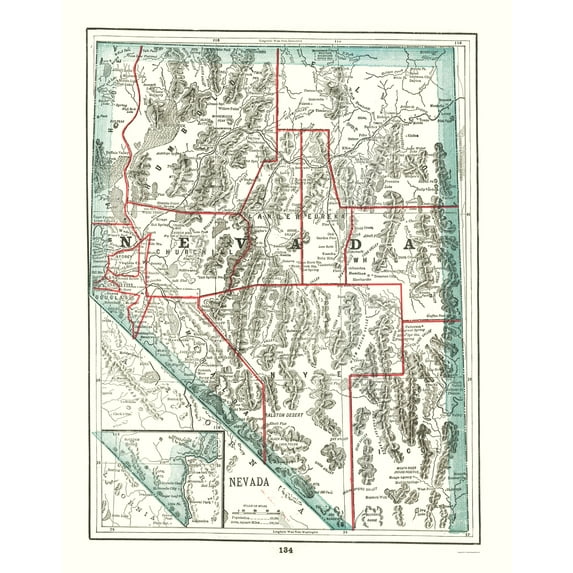 Historic State Map - Nevada - Rathbun 1893 - Vintage Wall Art