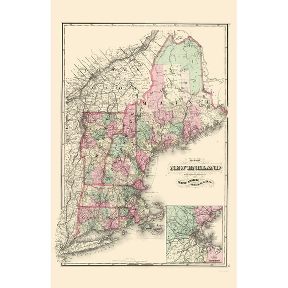 Historic State Map - New England - Davenport 1883 - Vintage Wall Art