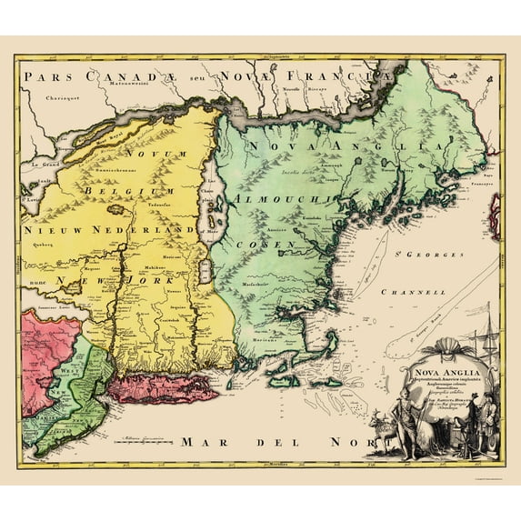 Historic State Map - New England - Homann 1759 - Vintage Wall Art