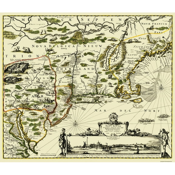 Historic State Map - New England Original Colonies - 1673 - 26.81 x 23 - Vintage Wall Art