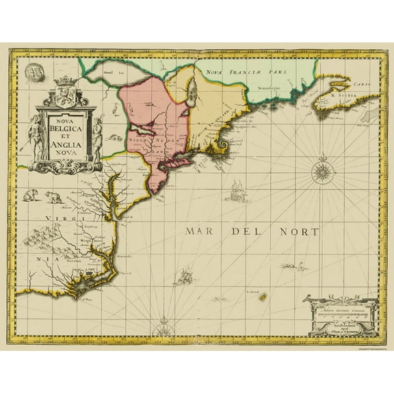 Historic State Map - New England to Virginia, Nova Belgica - Valk 1636 - 29.38 x 23 - Vintage Wall Art